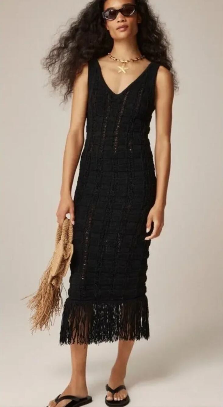 J.Crew Fringe-Trim Sheer Sleeveless Knit Sweater Midi Dress in Black M NWT $228